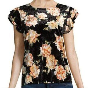 A.N.A Velvet Ruffle Tee Black Orange Floral Velour Short Flutter Sleeve Blouse L